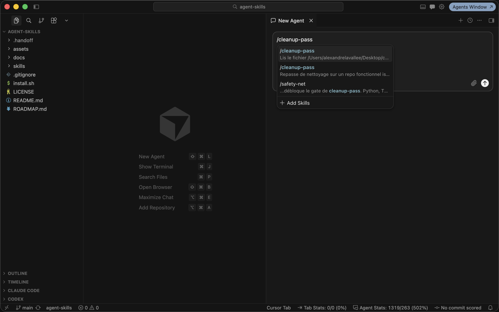 Cursor ouvert sur le dépôt agent-skills : le chat New Agent affiche l'autocomplétion de /cleanup-pass